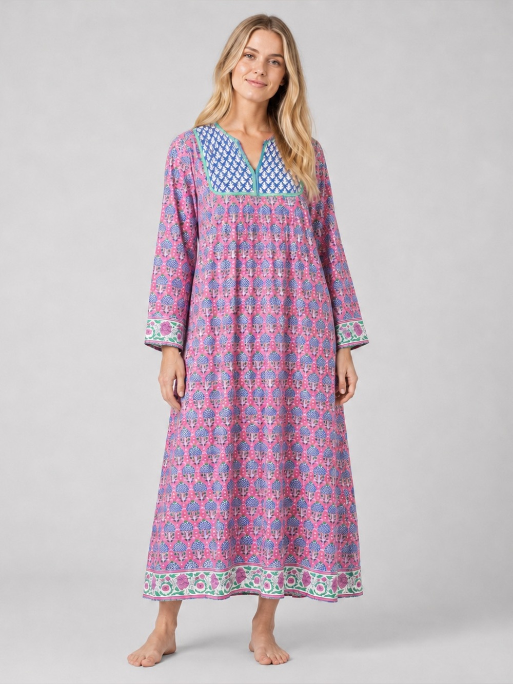 SZ Blockprints Silk Jodhpur Maxi LS Dress Eva Pink Pineapple Floral M Bohemian